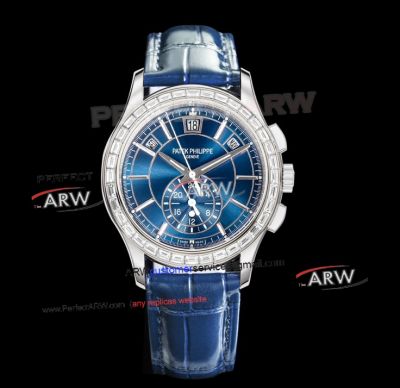 Swiss Replica Patek Philippe Complications Annual Calendar Blue Dial Diamond Bezel Watch